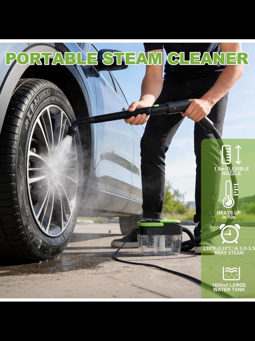 Poeeuu Handheld Steam Cleaner in Black & Lime Green - Picture 3 of 5